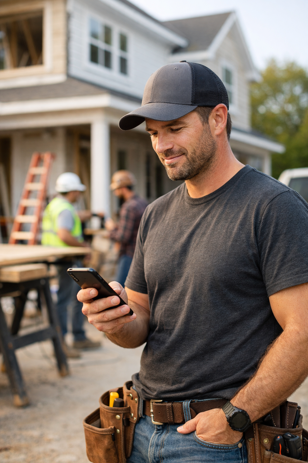 Contractor checking a phone at a residential job site